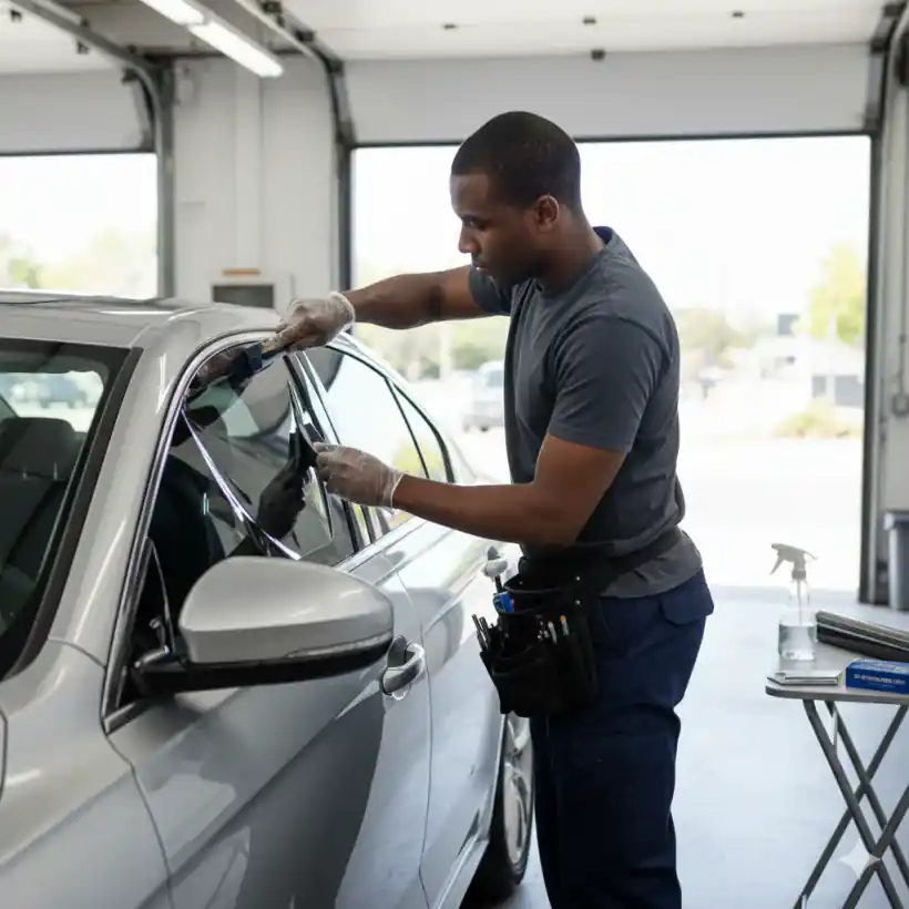 Automotive tint installation detail by MK Tintworks