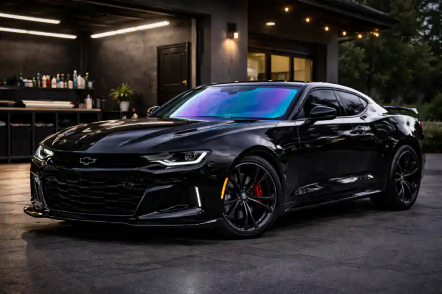 Chameleon color-shifting tint on a black sports coupe