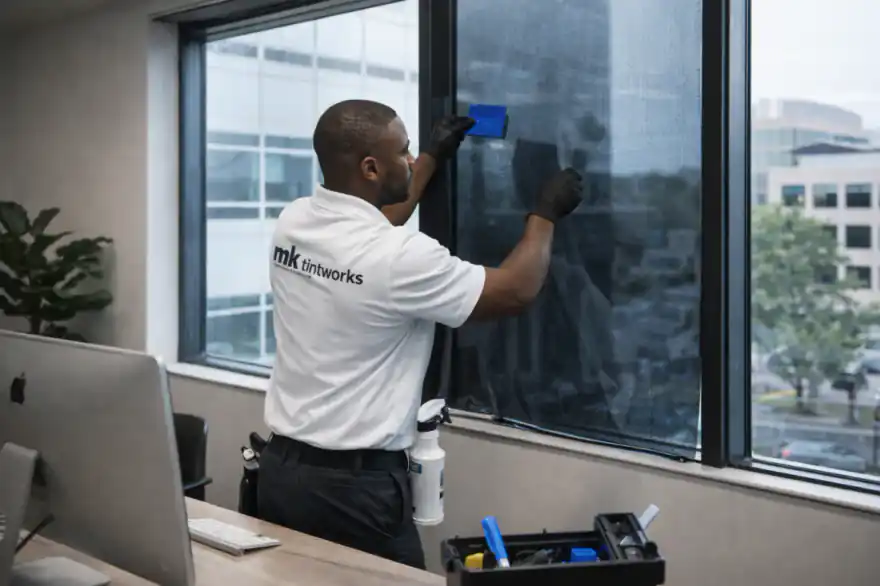 Architectural window tinting installation on office glass by MK Tintworks